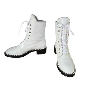 Stuart Weitzman White Shearling Pearl Embellished Studded Combat Boots Size 8